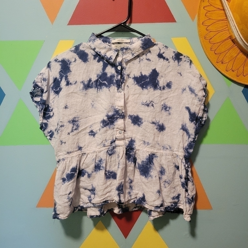 Rachel Zoe Women's Linen Blouse White And Blue Tie Dye Ruffle Hem  Size Medium